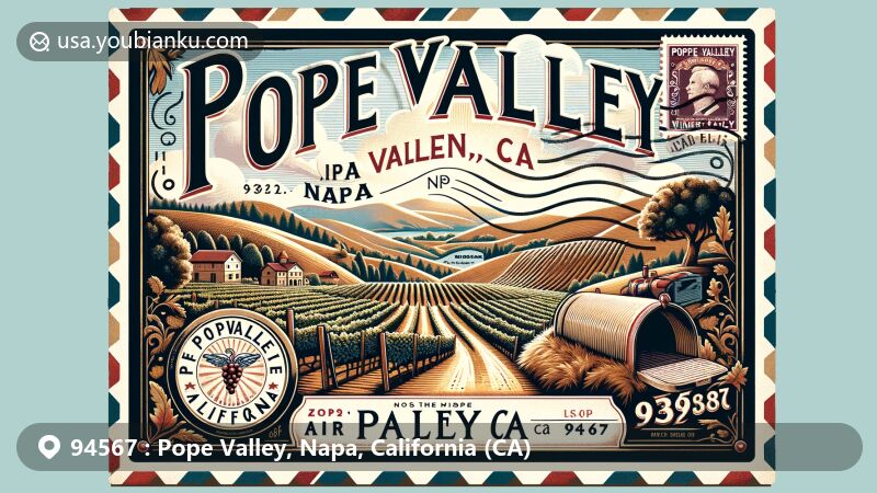 Modern illustration of Pope Valley, Napa County, California, showcasing postal theme with ZIP code 94567, featuring vineyards, wine cave, and California state symbols.