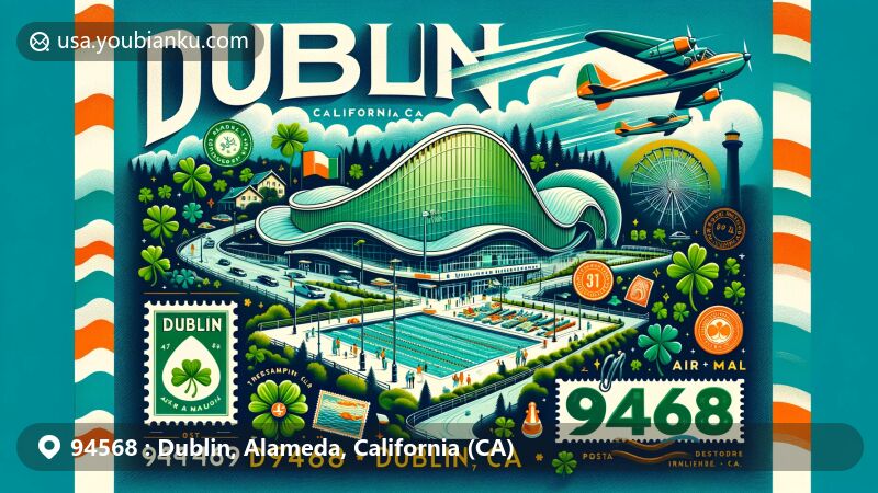 Modern illustration of Dublin, Alameda County, California, emphasizing postal theme with ZIP code 94568, featuring Wave Aquatic Center and elements of Irish heritage like green color themes and shamrocks.