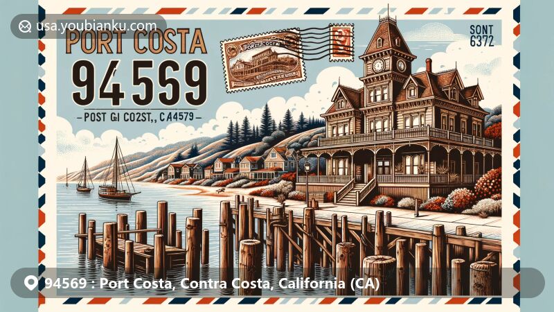 Modern illustration of Port Costa, California, with ZIP code 94569, featuring the iconic 1883 Burlington Hotel, Carquinez Strait, and natural beauty of East Bay Regional Park District.