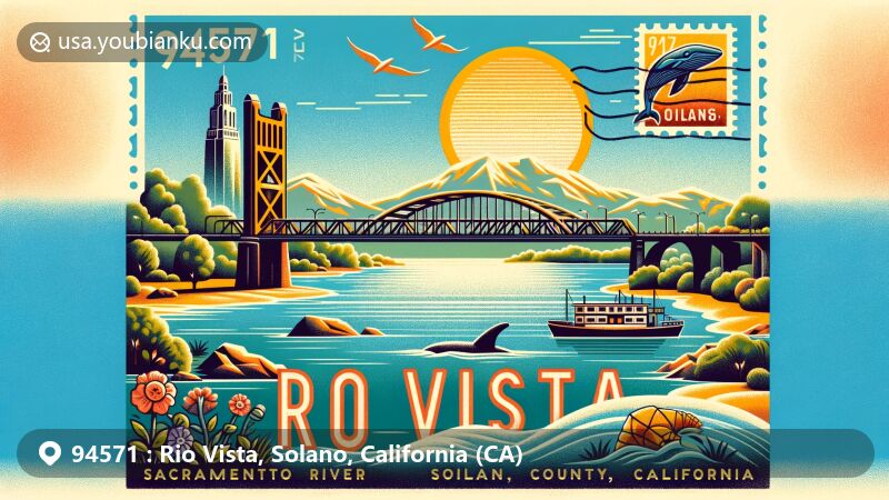 Modern illustration of Rio Vista, Solano County, California, showcasing postal theme with ZIP code 94571, featuring Sacramento River and Rio Vista Bridge.