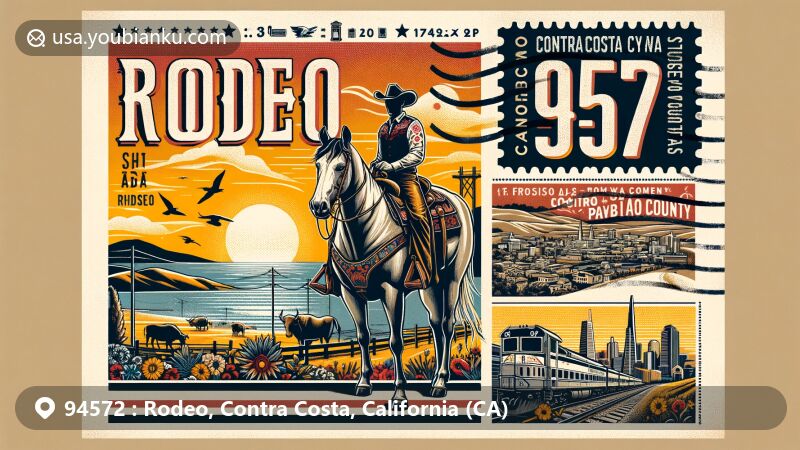 Modern illustration of the 94572 ZIP Code area in Rodeo, California, showcasing historical roots related to ranching and meatpacking industry, with iconic landmarks of Contra Costa County and San Francisco Bay Area.
