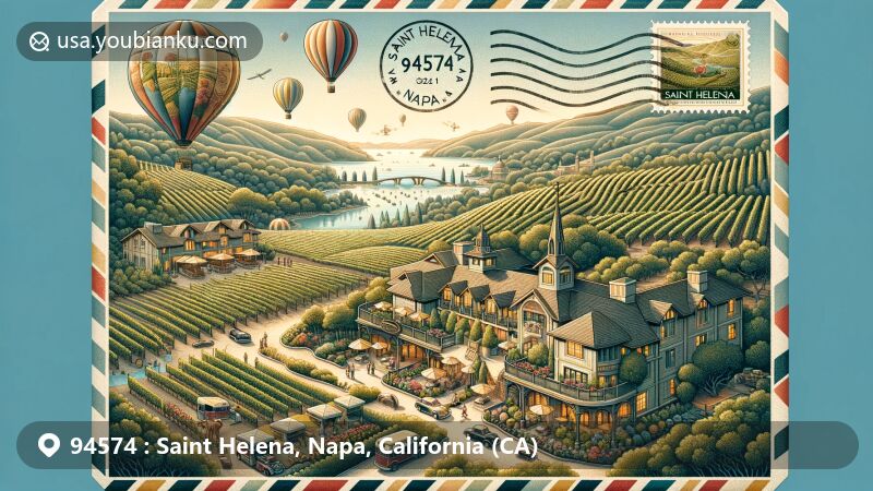 Modern illustration of Saint Helena, Napa, California, representing ZIP code 94574, showcasing winemaking tradition, luxury resorts, iconic wineries like Beringer and Charles Krug, Culinary Institute of America at Greystone, and hot air balloons symbolizing valley tours.