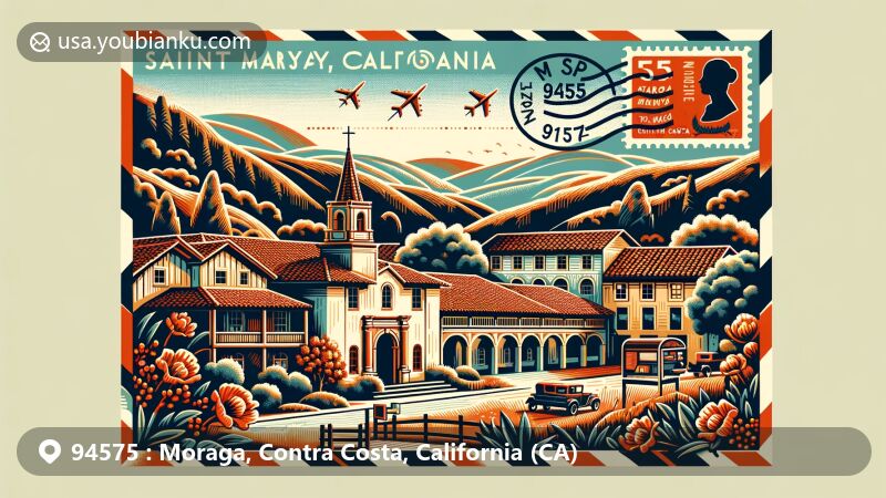 Modern illustration of Moraga, Contra Costa County, California, featuring key elements like Saint Mary's College, Moraga Adobe, natural landscape, and postal elements reflecting ZIP code 94575 area.