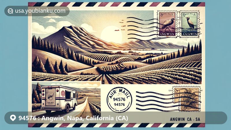 Scenic illustration of vineyards around Howell Mountain in Angwin, California, with a creative postal theme and vintage-style details.