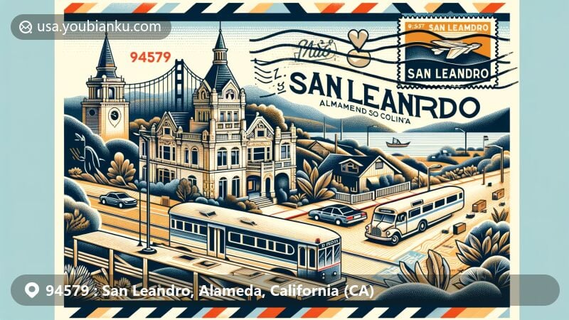 Modern illustration of San Leandro, Alameda County, California, featuring Casa Peralta and postal elements representing ZIP code 94579, with airmail envelope, stamps, and postmark, incorporating San Leandro Hills in the background.