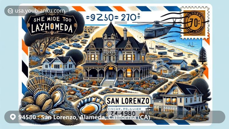 Modern illustration of San Lorenzo, Alameda, California, showcasing Meek Mansion and Lorenzo Theater, with nods to farmland origins, oysters, and suburban evolution, incorporating vintage air mail envelope with ZIP code 94580.