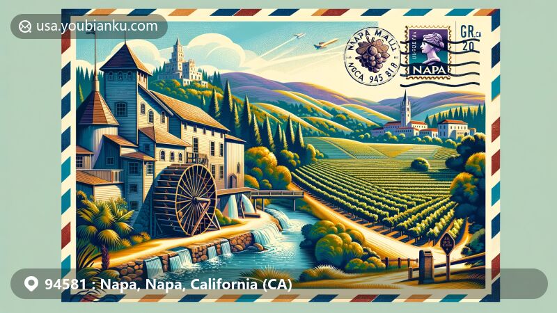 Modern illustration of Napa, California, highlighting ZIP code 94581, showcasing Bale Grist Mill State Historic Park and Castello di Amorosa, blending history, natural beauty, and wine culture. Featuring lush landscapes, vineyards, and postal elements like vintage postcard layout, air mail envelope, postage stamp with Grape Crusher Statue, and postmark.