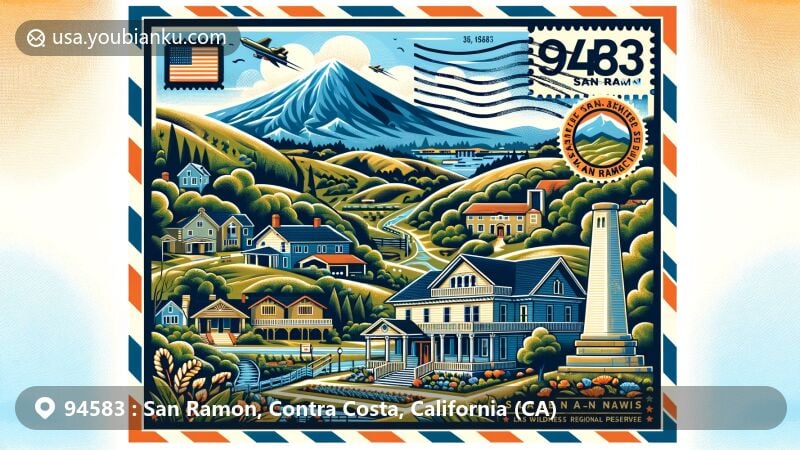 Modern illustration of ZIP Code 94583, portraying San Ramon in Contra Costa County, California, featuring Eugene O’Neill National Historic Site, Mount Diablo, Las Trampas Wilderness Regional Preserve, and David and Eliza Glass House Museum.