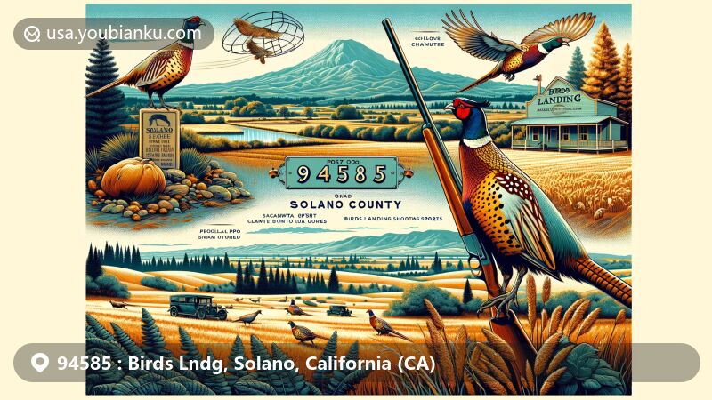 Vibrant illustration of Birds Landing, Solano County, California, with postal theme showcasing ZIP code 94585, stamps, postal mark, and old-fashioned mailbox.