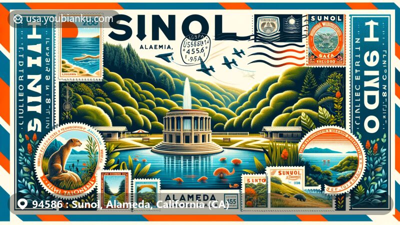 Modern illustration of Sunol, Alameda County, California, featuring Sunol Water Temple amidst lush greenery and hills of Sunol Wilderness Regional Preserve, framed within airmail envelope with vintage postage stamps and postmark.