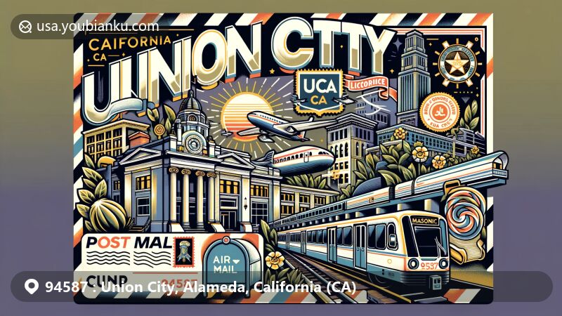 Modern illustration of Union City, California, in zipcode 94587, highlighting BART station, American Licorice Company, and Masonic Home, with vintage postal elements and mailbox.