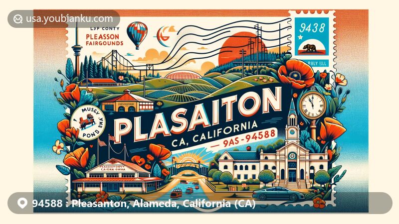 Modern illustration featuring Pleasanton, California, showcasing Alameda County Fairgrounds, Pleasanton Ridge Regional Park, Museum on Main, Ruby Hill Winery, with California poppy and state flag elements.