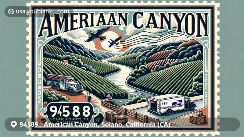 Modern illustration of American Canyon, Solano County, California, showcasing postal theme with ZIP code 94589, featuring lush vineyards, the Napa River, and Sulfur Springs Mountains as gateway to Napa Valley.