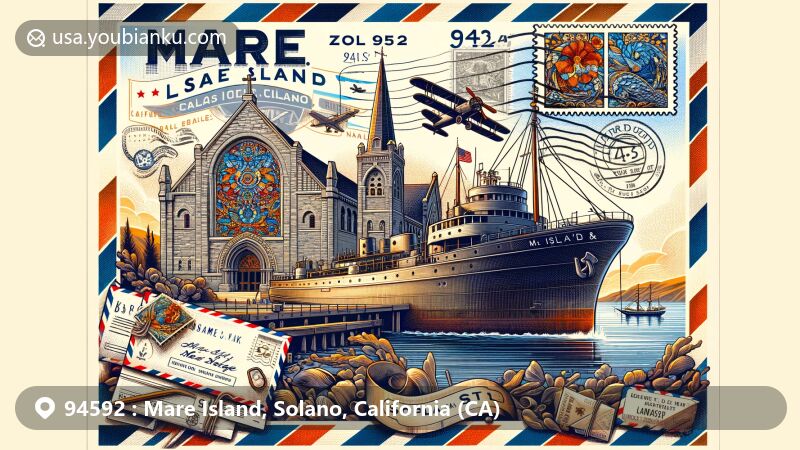Modern illustration of Mare Island, Solano, California (CA), featuring postal theme with ZIP code 94592, highlighting naval history, Mare Island Naval Shipyard, St. Peter's Chapel, and cultural symbols.