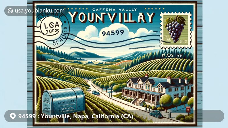 Modern illustration of Yountville, California, portraying scenic beauty and postal theme for ZIP code 94599, featuring Napa Valley vineyards, The French Laundry restaurant, and decorative postal elements.