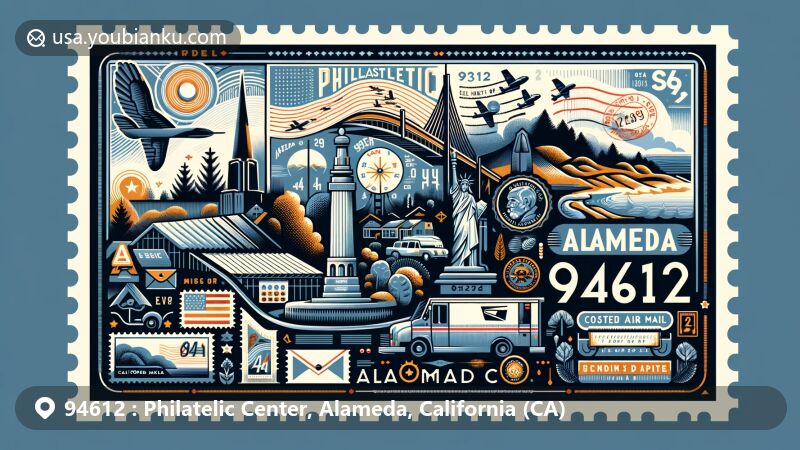 Creative illustration of the Philatelic Center in Alameda County, California, showcasing ZIP code 94612, featuring California Coastal National Monument and local natural landscape.
