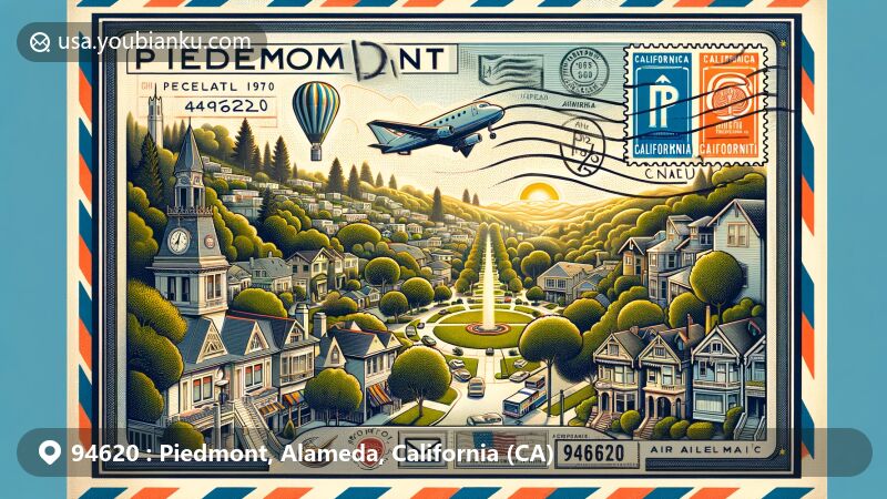 Modern illustration of Piedmont, California, highlighting ZIP code 94620, with Piedmont Park, upscale homes, and unique architecture, reflecting the city's affluence and history.
