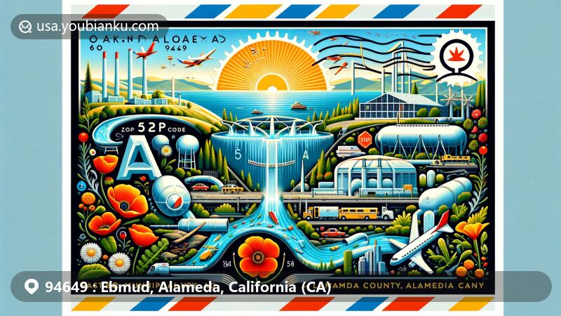 Modern illustration of Oakland, Alameda County, California, featuring air mail envelope representing ZIP code 94649 with EBMUD infrastructure, state flag, poppy, and redwood tree.