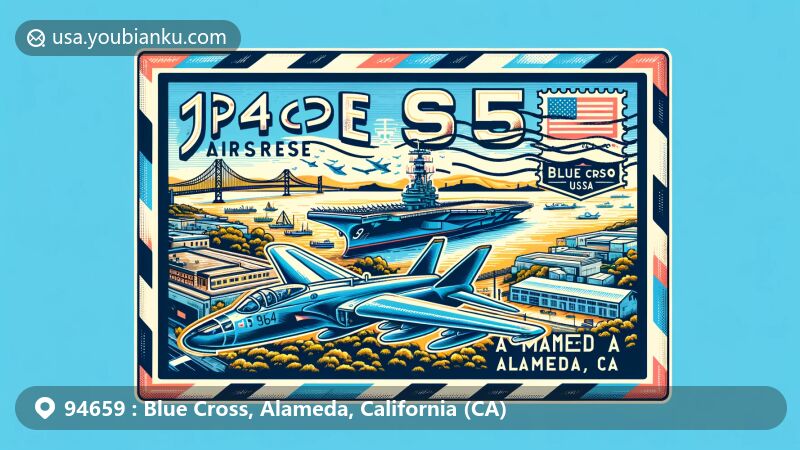Vintage-style airmail envelope illustration of ZIP code 94659, Blue Cross area, Alameda County, California, featuring USS Hornet Museum, San Francisco skyline, and Alameda geographical outline.