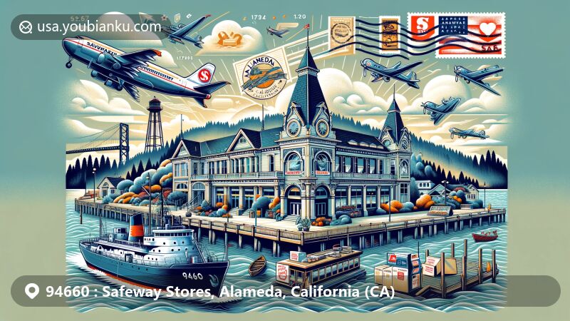 Modern illustration of Safeway Stores in Alameda, California, blending cultural heritage with postal themes, showcasing Victorian architecture, naval history symbols like USS Hornet Museum, air mail envelope, vintage postage stamp, and postmark for ZIP code 94660.