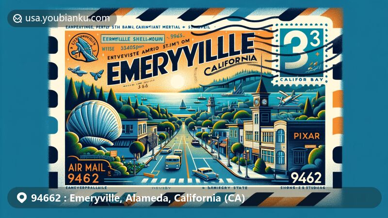 Modern illustration of Emeryville, California, featuring a creative airmail envelope design with Emeryville Shellmound Memorial, Pixar Animation Studios, San Francisco Bay view, ZIP code 94662, and Bay Street area, integrating California state flag.