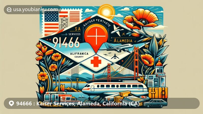 Modern illustration of Kaiser Services in Alameda, California, showcasing postal theme with ZIP code 94666, featuring Golden Gate Bridge, Alameda County outline, California poppy, and state flag.