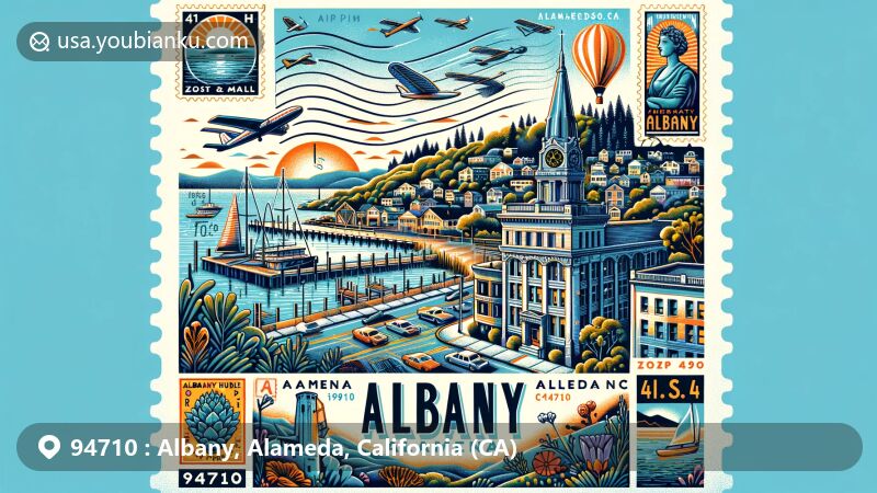 Modern illustration of Albany, Alameda County, California, highlighting ZIP code 94710, showcasing Albany's landmarks like Albany Bulb and Albany Hill, with vintage postal elements and vibrant colors.