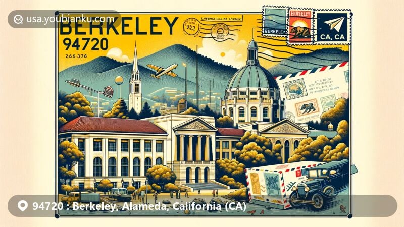 Vivid illustration of Berkeley, Alameda, California, featuring Lawrence Hall of Science, Berkeley Hills, vintage airmail envelope with '94720 Berkeley, CA' postmark, and University of California, Berkeley logo.