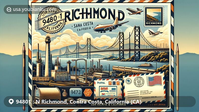 Modern illustration of N Richmond, Contra Costa County, California, inspired by ZIP code 94801, highlighting the Richmond-San Rafael Bridge and Chevron Richmond Refinery, set against the backdrop of San Francisco Bay and San Pablo Bay.