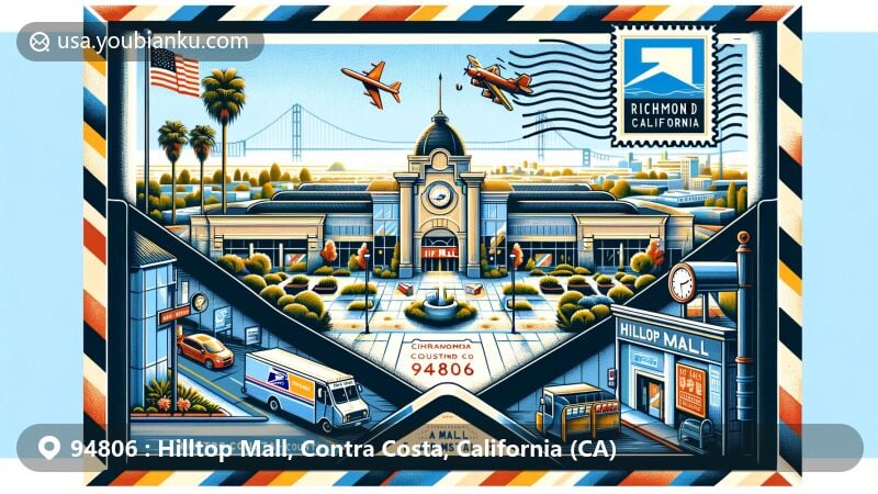Modern illustration of Hilltop Mall in Richmond, California, with a postal theme focusing on ZIP code 94806, featuring air mail envelope design with California state flag stamps and postal marks.
