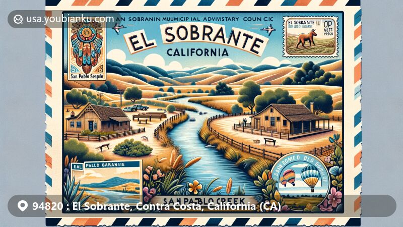 Modern illustration of El Sobrante, Contra Costa County, California, combining natural, historical, and cultural elements, featuring San Pablo Creek and symbolic art representing the Ohlone people and Rancho El Sobrante.