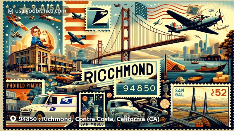 Modern illustration of Richmond, Contra Costa County, California, representing ZIP code 94850, featuring Rosie the Riveter/World War II Home Front National Historical Park, Richmond-San Rafael Bridge, and postal themes.