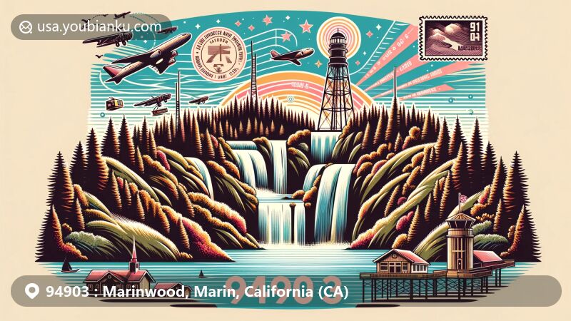 Modern illustration of Marinwood, Marin County, California, showcasing Marconi State Historic Park with panoramic views of Tomales Bay and historical wireless communication towers, including iconic Cataract Falls and postal elements representing ZIP code 94903.