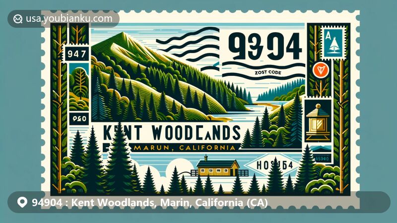 Modern illustration of Kent Woodlands, Marin County, California, featuring ZIP code 94904 and iconic Mount Tamalpais, surrounded by lush forests and hiking trails.
