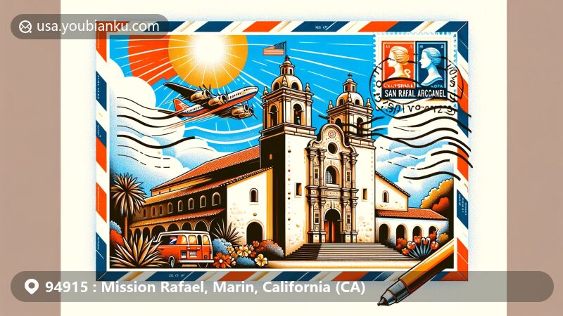 Modern illustration of Mission San Rafael Arcángel in ZIP code 94915, Mission Rafael, Marin, California, featuring unique Spanish colonial architecture, airmail envelope borders, California state flag stamp, and 94915 postmark.