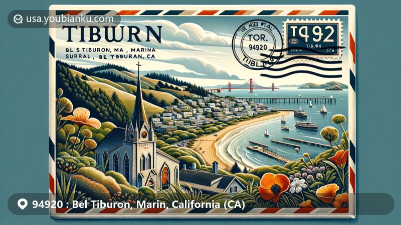 Modern illustration of Bel Tiburon, Marin County, California, showcasing postal theme with ZIP code 94920, featuring Old St. Hilary's Church, San Francisco Bay views, and Shoreline Park.