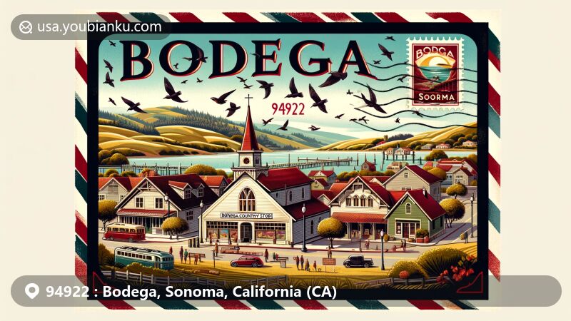 Modern illustration of Bodega, Sonoma, California, depicting iconic landmarks like Potter School and Bodega Country Store, inspired by Alfred Hitchcock's film 'The Birds' and featuring a vintage postcard layout with postal stamp and postmark for ZIP code 94922.