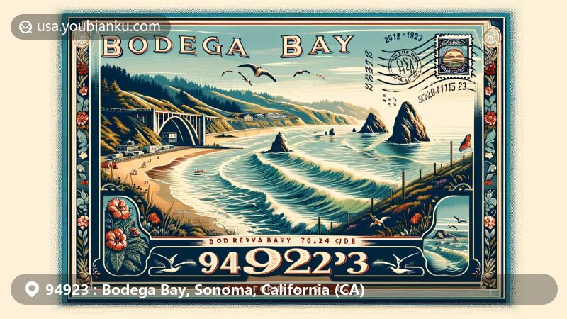 Modern illustration of Bodega Bay, California, capturing the coastal beauty with iconic Arched Rock, vintage postcard layout, and postal theme featuring ZIP code 94923.