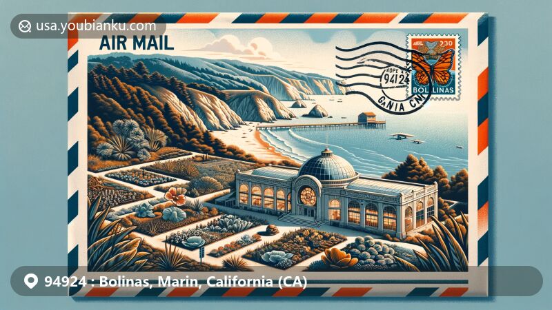 Modern illustration of Bolinas, California, featuring scenic landscapes of Marin-Bolinas Botanical Gardens, Bolinas Museum, and Pacific Ocean, with a vintage air mail envelope design. Includes a custom stamp of California's outline and ZIP code '94924'.