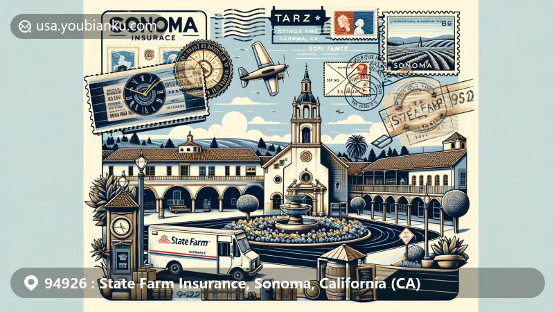 Modern illustration of State Farm Insurance in Sonoma, California, inspired by ZIP code 94926, blending historical landmarks like Sonoma Plaza, Mission San Francisco Solano, and Buena Vista Winery with postal elements.