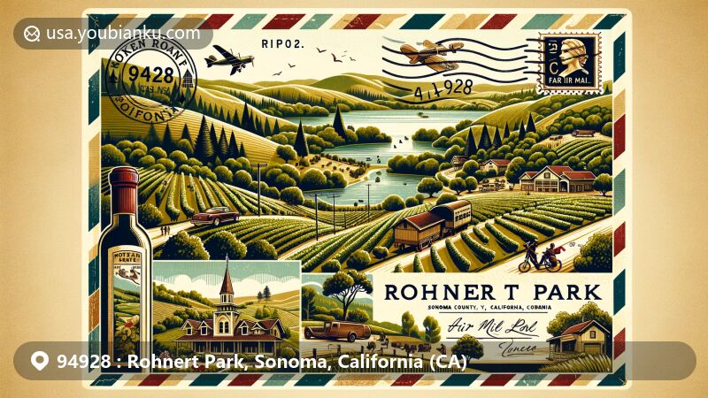 Vibrant illustration of Rohnert Park, Sonoma County, California, blending regional beauty with postal theme, featuring Laguna de Santa Rosa and outdoor activities like hiking and biking, with nods to wine culture and vintage postal elements.