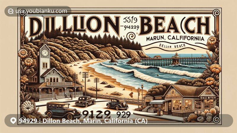 Modern illustration of Dillon Beach, Marin County, California, capturing its history, natural beauty, and postal theme, featuring Dillon Beach Resort, picturesque coastline, tide pools, and the Dillon Beach community.