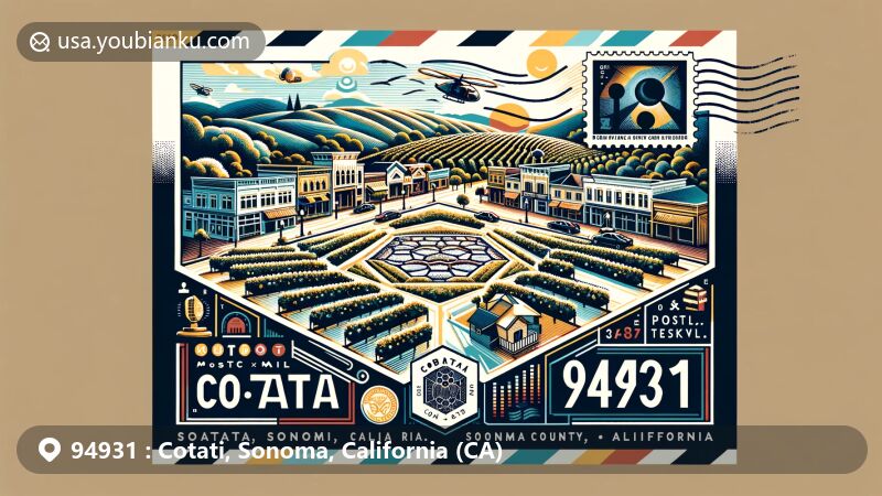 Modern illustration of Cotati, Sonoma, California, featuring hexagonal downtown plaza and iconic wine country landscapes, styled as creative postcard with postal elements, showcasing small-town allure and musical connection.