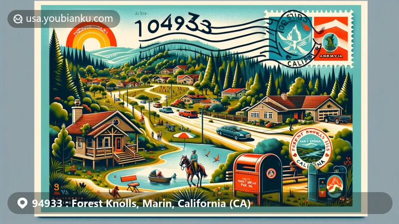 Modern illustration of Forest Knolls, California, in Marin County, showcasing natural beauty of San Geronimo Valley, outdoor activities like hiking and horseback riding, and community atmosphere of Forest Knolls Park.