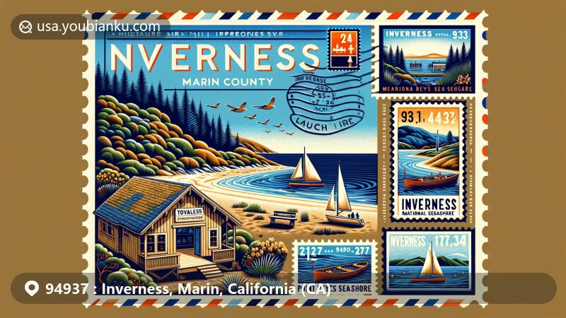 Modern illustration of Inverness, Marin County, California, capturing the charm of the 94937 postal code area with images of Tomales Bay, Point Reyes National Seashore, and the historic boathouse.