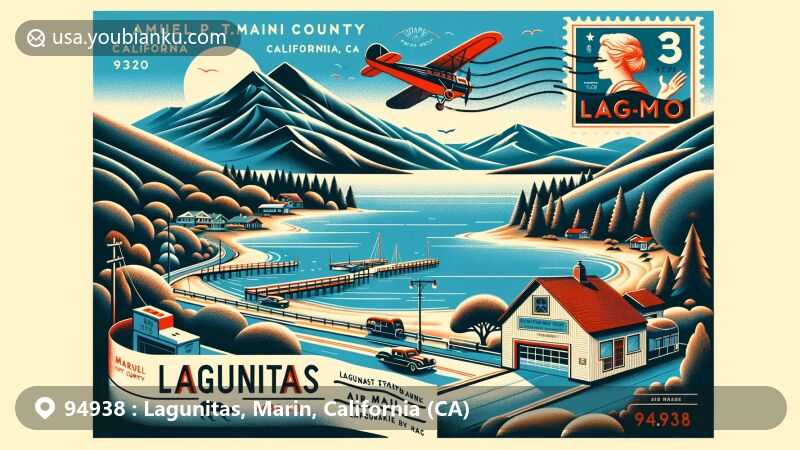 Modern illustration of Lagunitas, Marin County, California, highlighting postal theme with ZIP code 94938, showcasing Kent Lake and Samuel P. Taylor State Park.