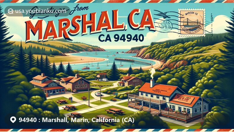 Modern illustration of Marshall, Marin, California (CA), featuring Marconi State Historic Park, Nick's Cove, and Point Reyes National Seashore with a vintage postcard design and postal theme elements.