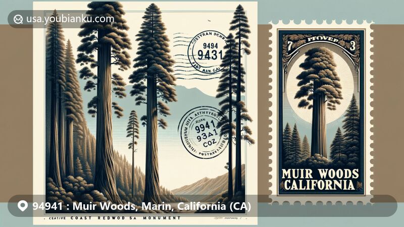 Modern illustration of Muir Woods, Marin County, California, highlighting iconic coast redwoods in a wide-format postcard style.