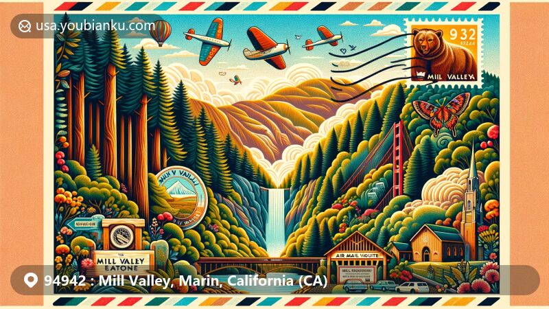 Creative illustration of Mill Valley, Marin, California (CA), inspired by ZIP code 94942, featuring Muir Woods, Mount Tamalpais, Mill Valley Film Festival, and Mountain Play.