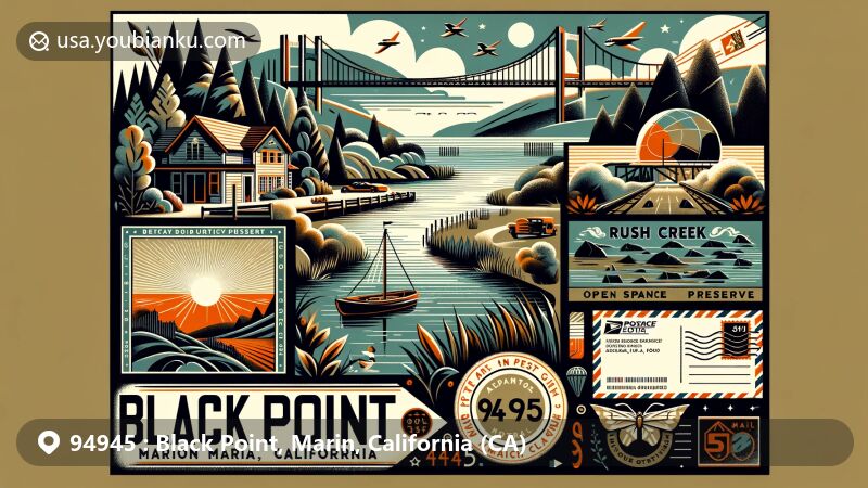 Modern illustration of Black Point, Marin County, California, with a postal theme referencing ZIP code 94945, featuring Petaluma River, Rush Creek Open Space Preserve, Vince Mulroy Wildlife Preserve, and vintage postal elements.